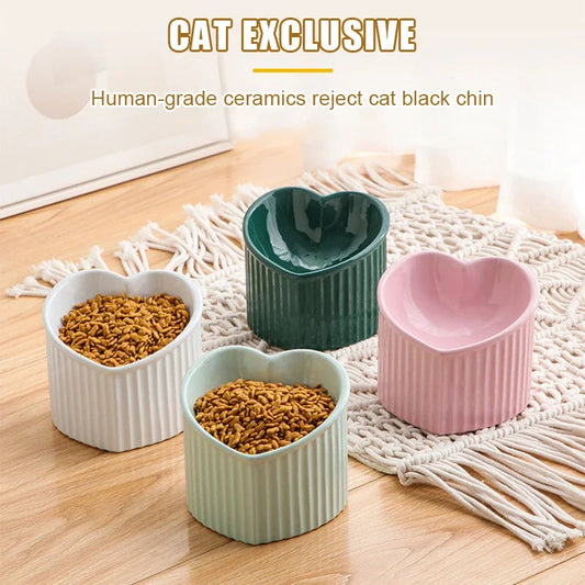 Ceramic Tilted Heart-Shaped Cat Bowl – Anti-Slip, Elevated