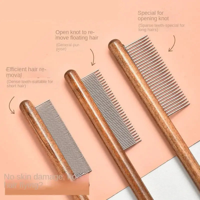 Wooden Cat Comb Stainless Steel Pet Hair Remover