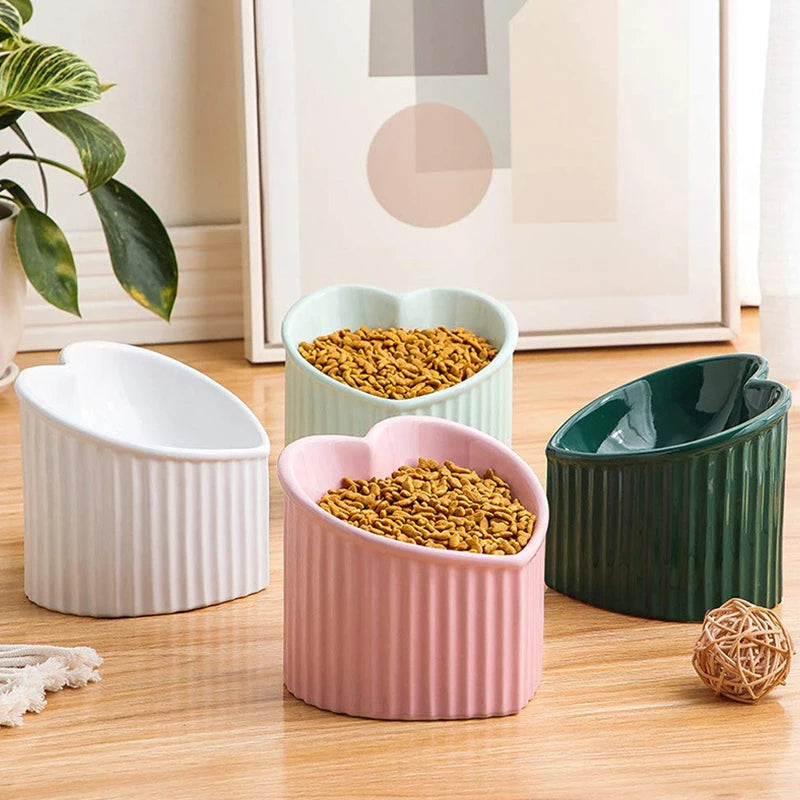 Ceramic Tilted Heart-Shaped Cat Bowl – Anti-Slip, Elevated