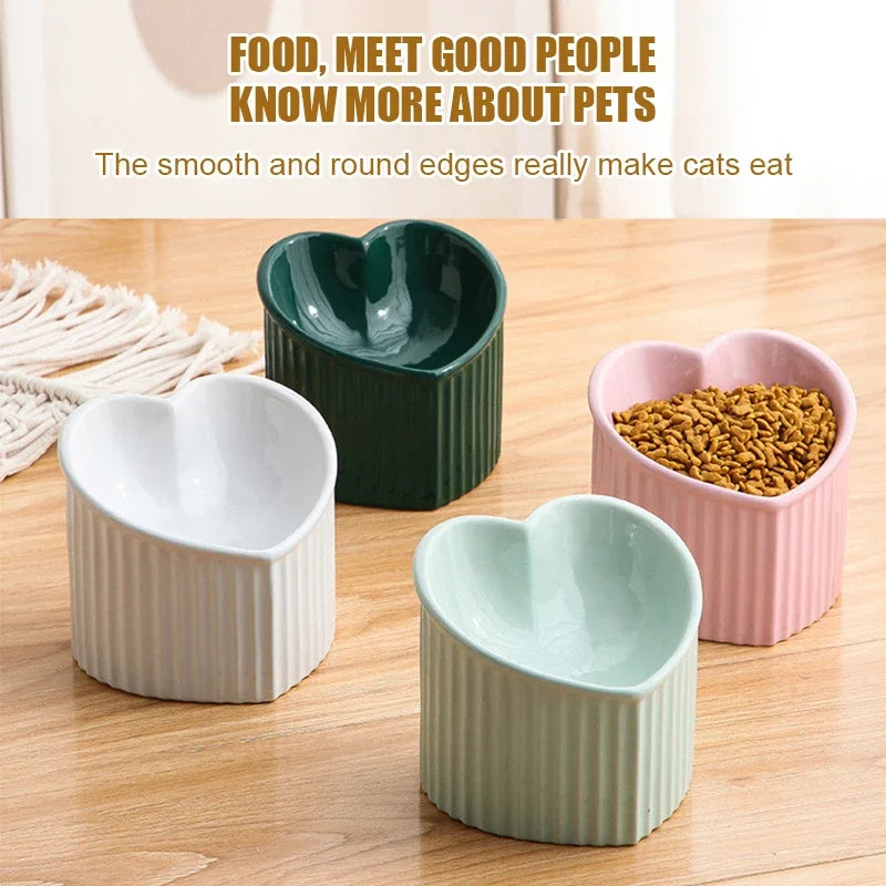 Ceramic Tilted Heart-Shaped Cat Bowl – Anti-Slip, Elevated