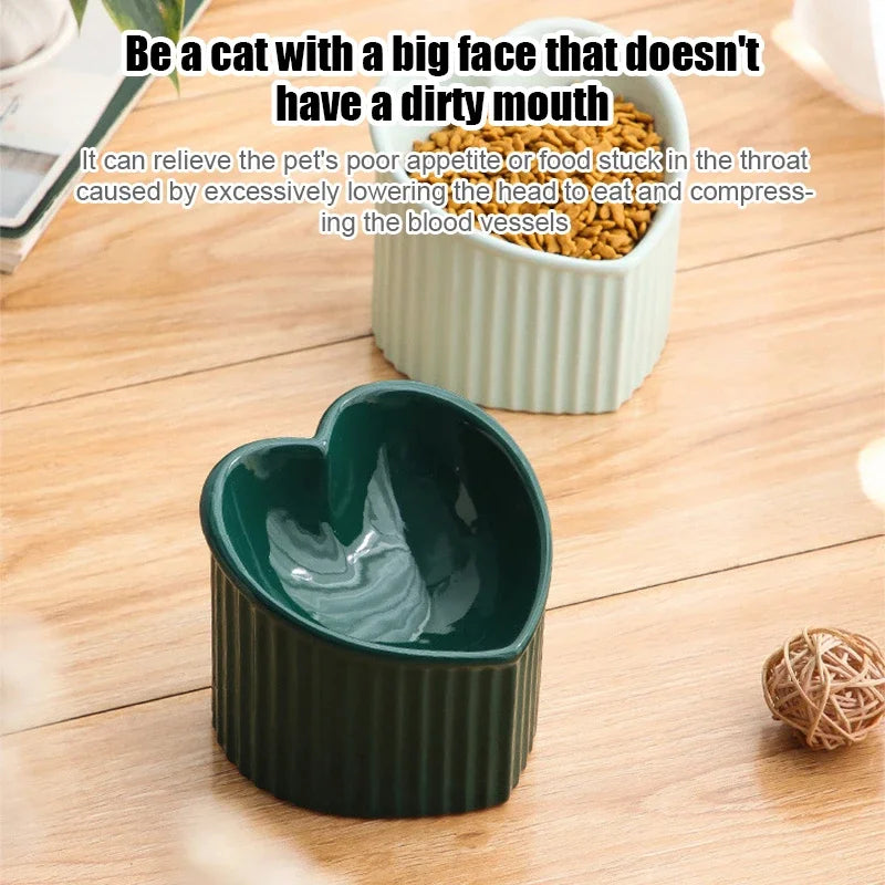 Ceramic Tilted Heart-Shaped Cat Bowl – Anti-Slip, Elevated