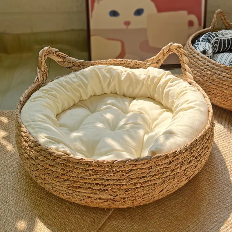 Weaving Cat Basket, Cat Bed With Cushion Soft & Warm